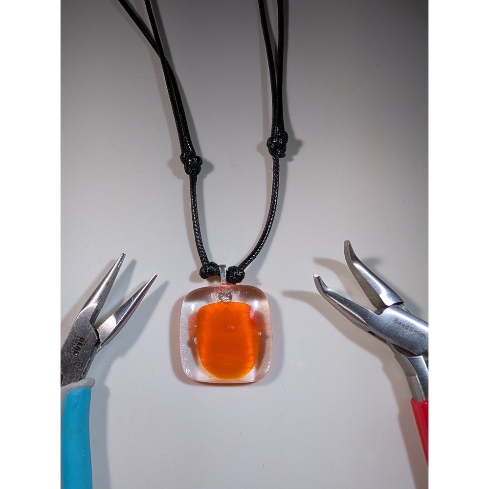 Handmade Fused Glass Pendant Necklace Orange Square Adjustable Black Cord 14-27"